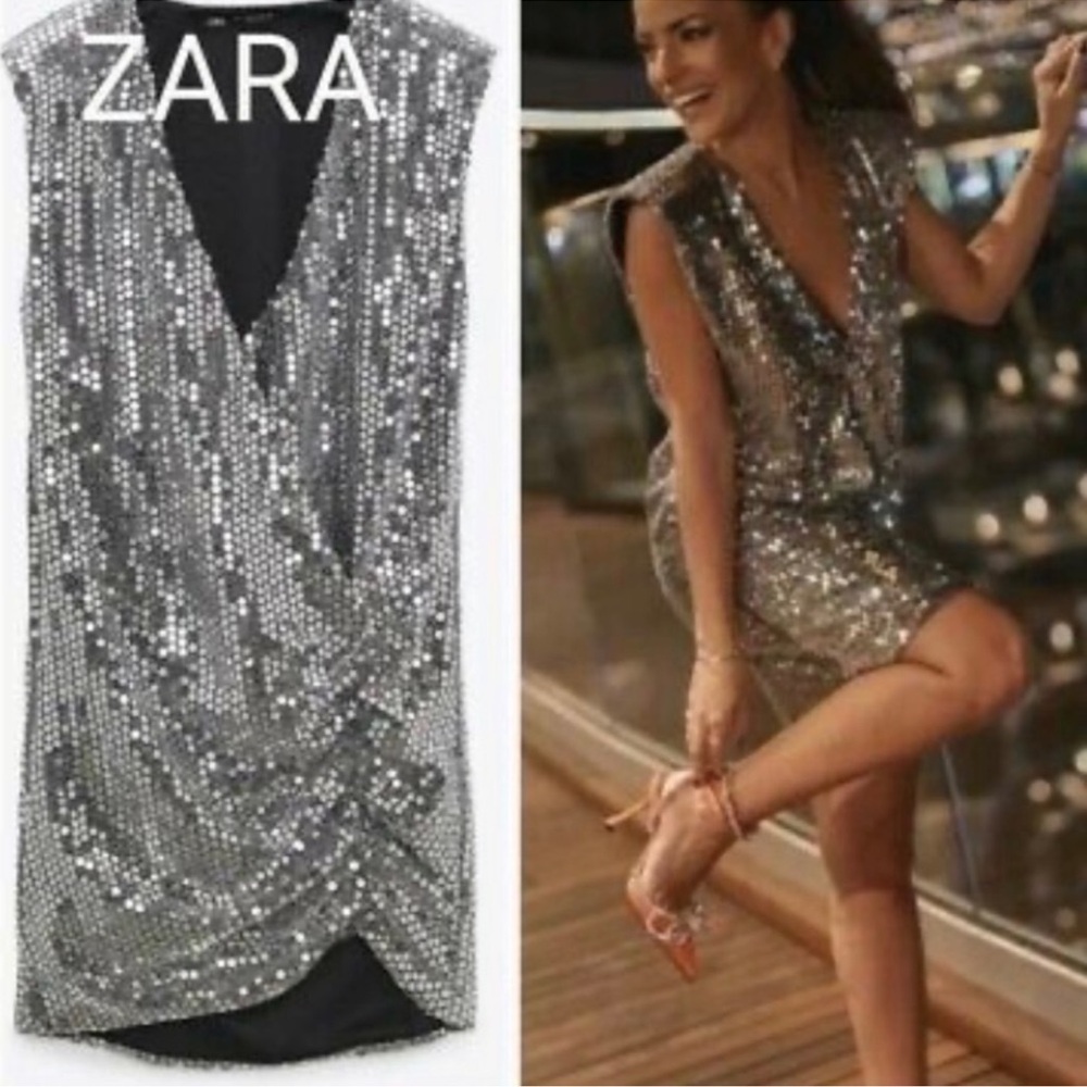 NWOT ZARA WOMEN'S SILVER DRAPED SEQUIN DRESS 2712/353 BLOGGERS FAV